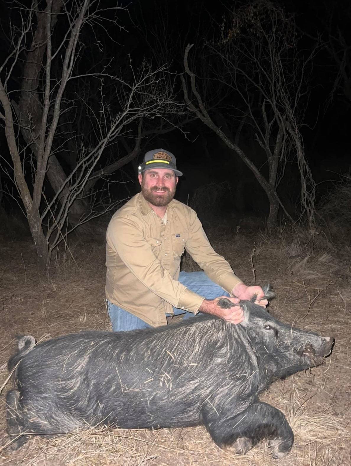 Hunter kneeling at night in mesquite brush behind a big gray feral boar